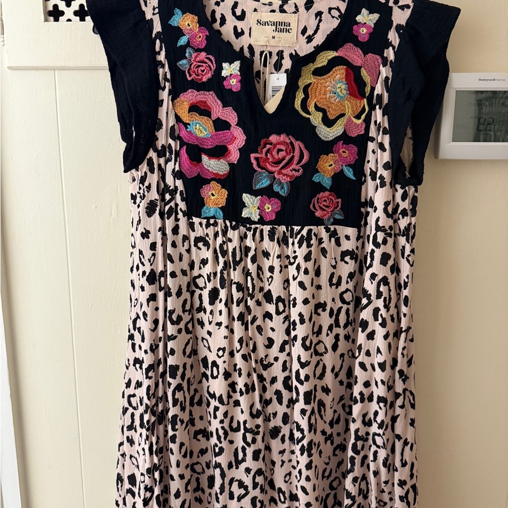 Savanna Jane Black Embroidered Bodice Cream Leopard Print Mini Dress